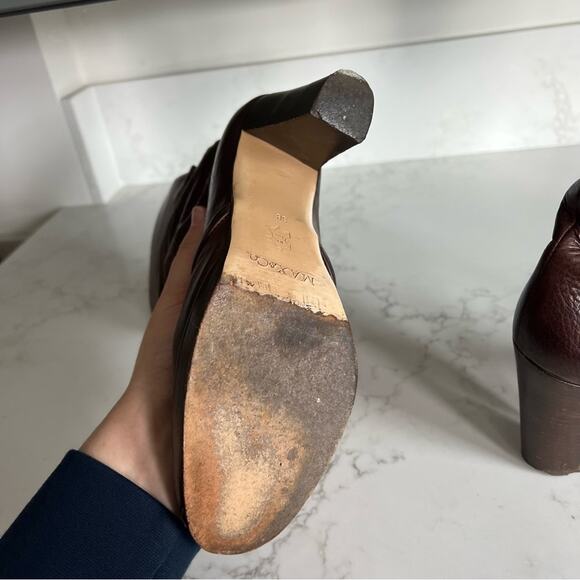 Max & Co Brown Leather Heeled Slouchy Mid Calf Boots Womens size 38 - Picture 11 of 14